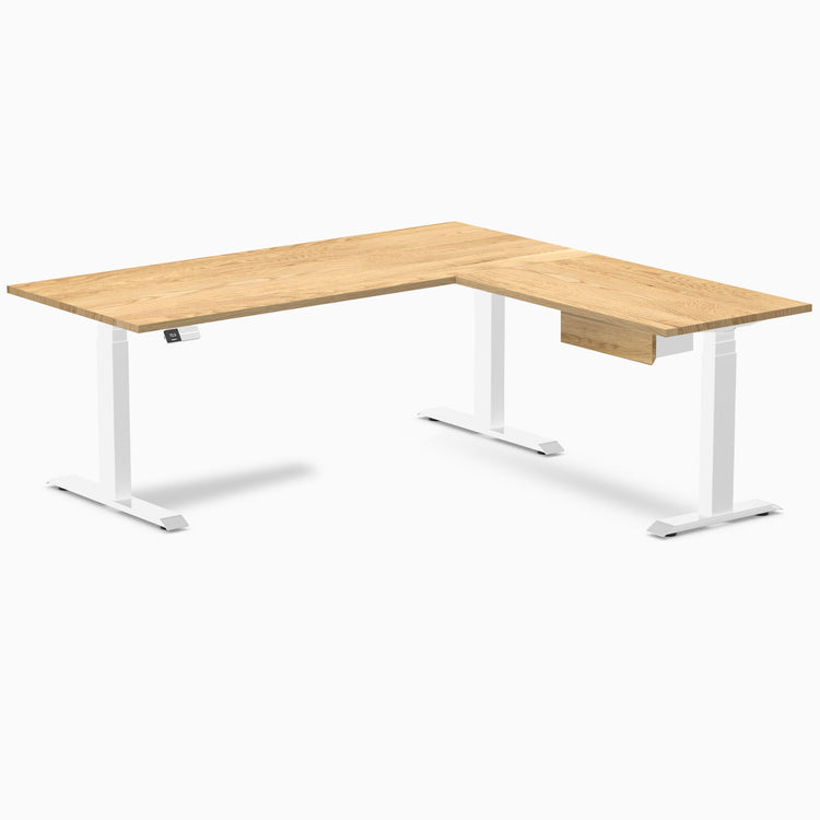 Desky Hardwood L-Shape Standing Desk With Drawer, White Oak desktop, White frame