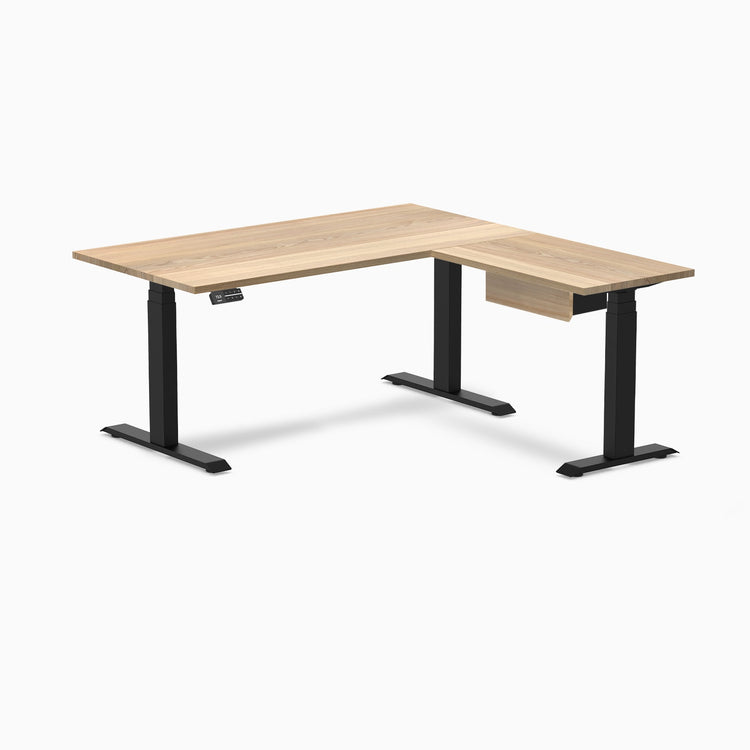 Desky Hardwood L-Shape Standing Desk With Drawer, White Ash desktop, Matte Black frame