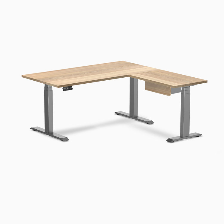 Desky Hardwood L-Shape Standing Desk With Drawer, White Ash desktop, Space Grey frame