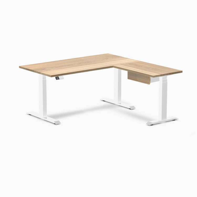 Desky Hardwood L-Shape Standing Desk With Drawer, White Ash desktop, White frame