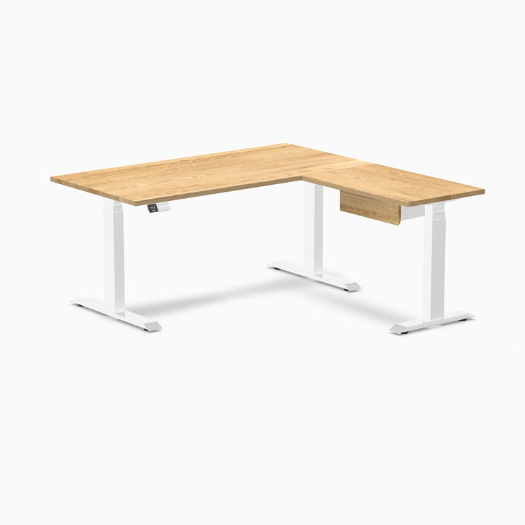 Desky Hardwood L-Shape Standing Desk With Drawer, White Oak desktop, White frame