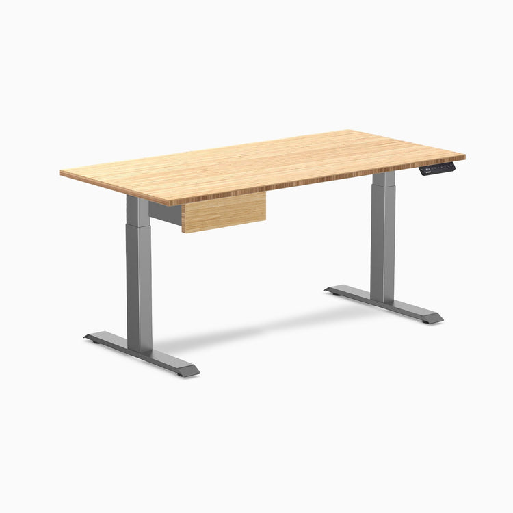 Desky Single Standing Desk With Drawer, Bamboo desktop, Space Grey frame