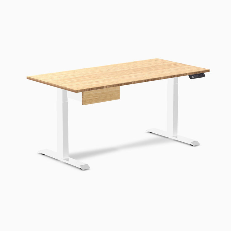 Desky Single Standing Desk With Drawer, Bamboo desktop, White frame