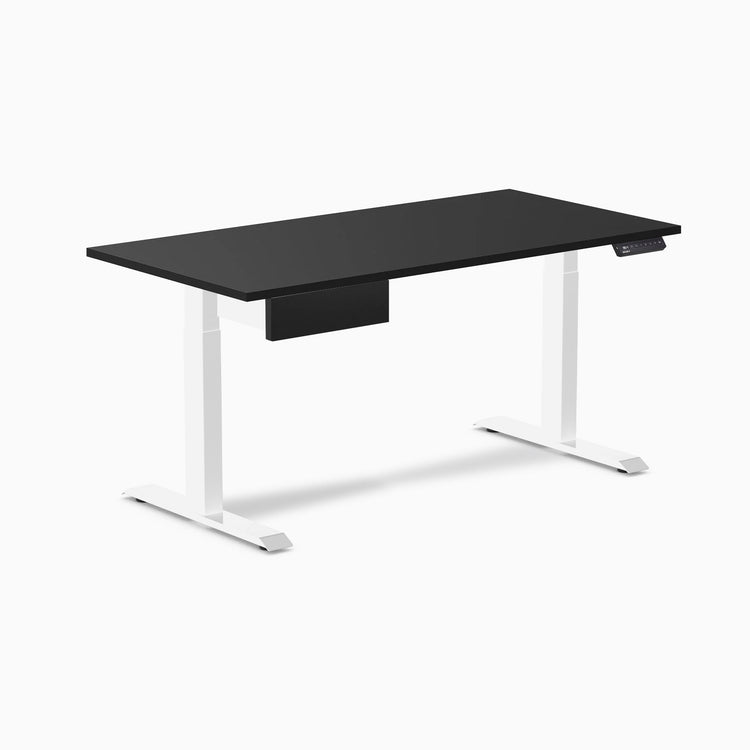 Desky Single Standing Desk With Drawer, Black desktop, White frame