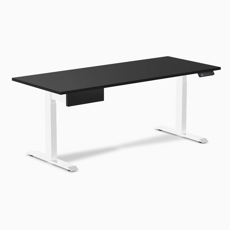 Desky Single Standing Desk With Drawer, Black desktop, White frame
