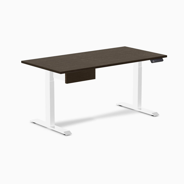 Desky Single Standing Desk With Drawer, Dark Bamboo desktop, White frame