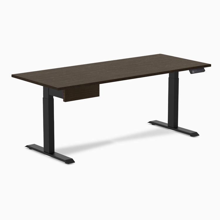 Desky Single Standing Desk With Drawer, Dark Bamboo desktop, Matte Black frame