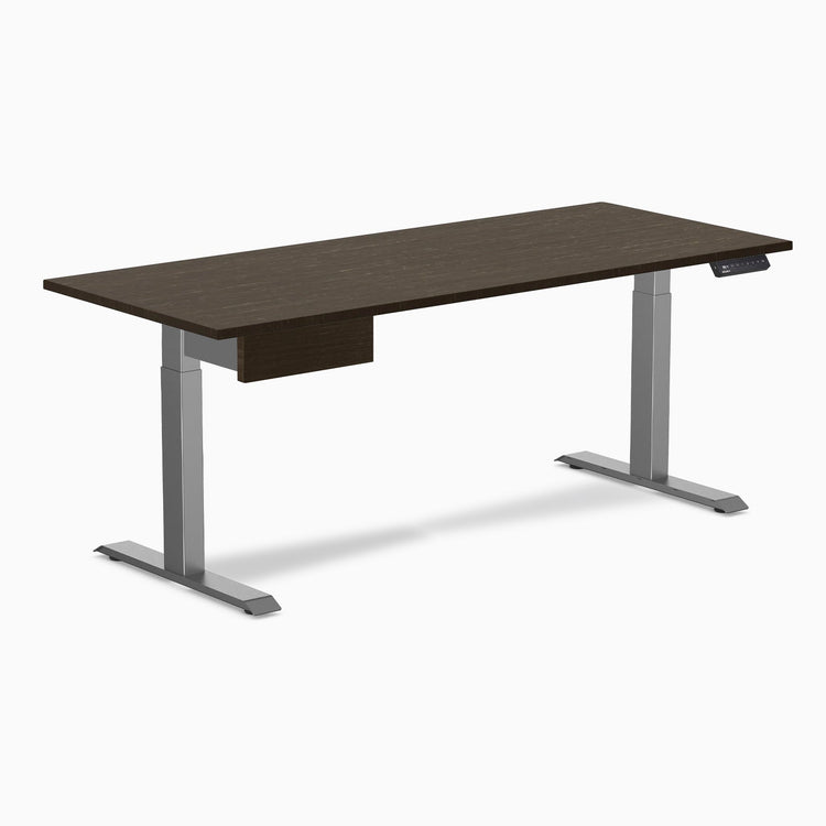 Desky Single Standing Desk With Drawer, Dark Bamboo desktop, Space Grey frame