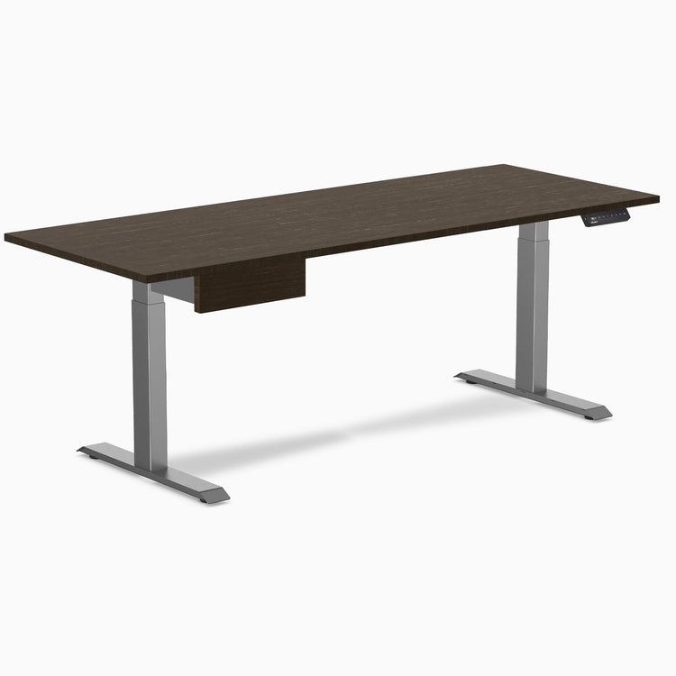 Desky Single Standing Desk With Drawer, Dark Bamboo desktop, Space Grey frame