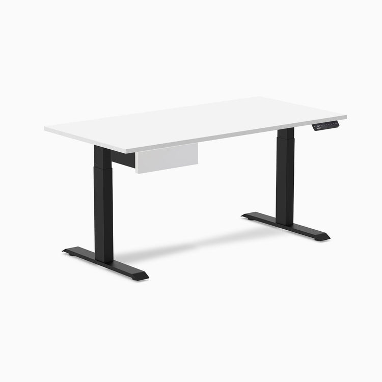 Desky Single Standing Desk With Drawer, White desktop, Matte Black frame