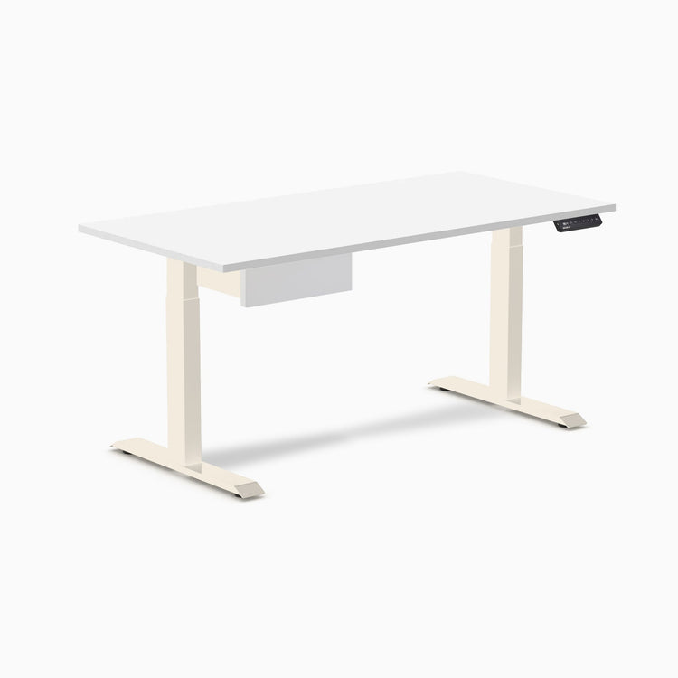 Desky Single Standing Desk With Drawer, White desktop, Wheat frame