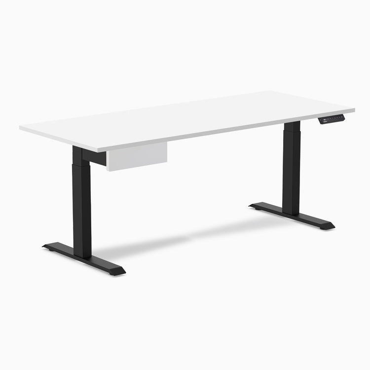 Desky Single Standing Desk With Drawer, White desktop, Matte Black frame