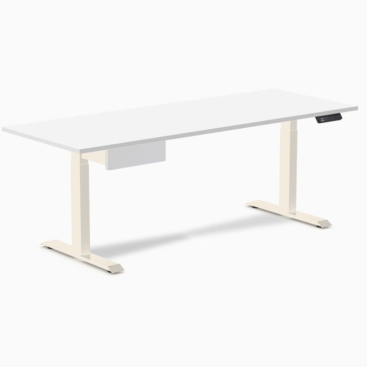 Desky Single Standing Desk With Drawer, White desktop, Wheat frame