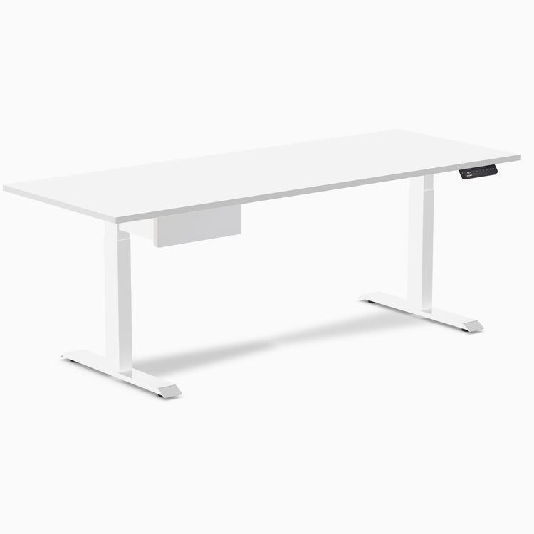 Desky Single Standing Desk With Drawer, White desktop, White frame