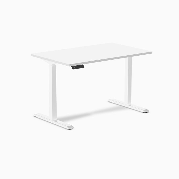 Single sit stand desk Desky white top and white legs