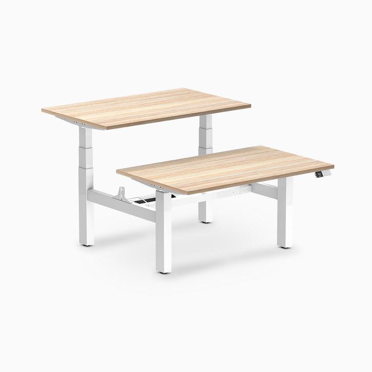 back to back sit stand workstation classic oak desk top white legs
