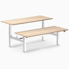 back to back sit stand workstation classic oak desk top white legs
