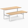 back to back sit stand workstation sublime teak desk top white legs
