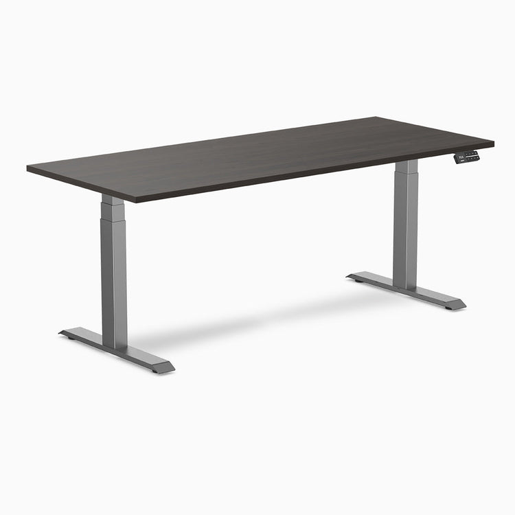 Desky Dual melamine sit stand desk 1800mm burnished wood