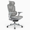 A modern gray mesh ergonomic office chair with a headrest, adjustable armrests, and a five-wheel base, shown against a plain white background.