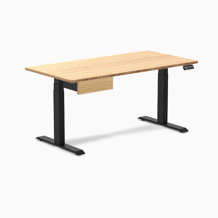 Desky Dual Bamboo Standing Desk With Drawer, Bamboo desktop, Matte Black frame