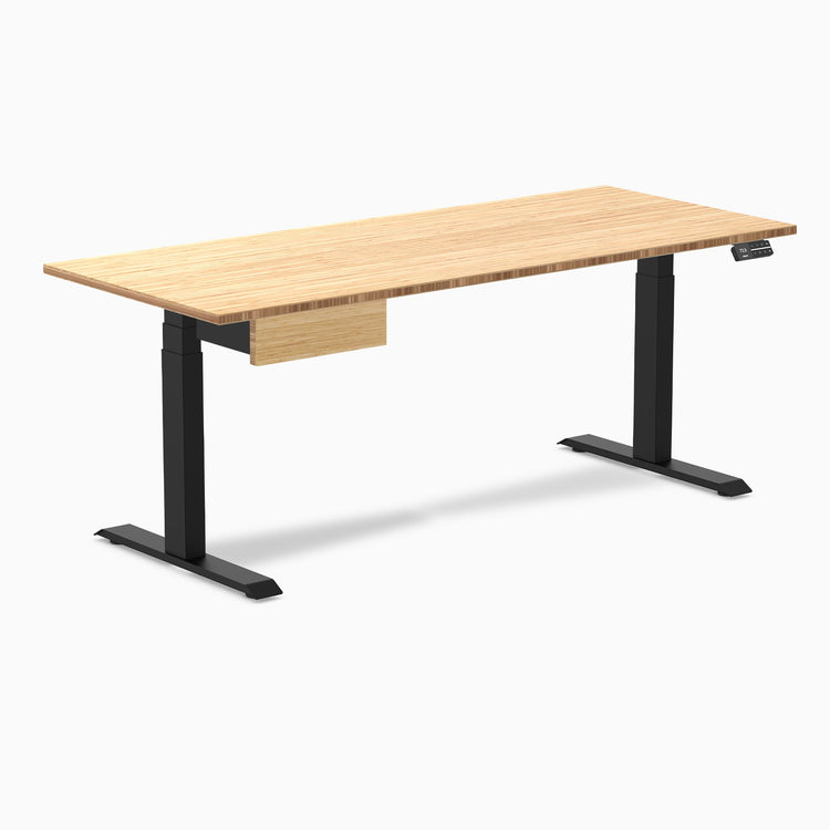 Desky Dual Bamboo Standing Desk With Drawer, Bamboo desktop, Matte Black frame