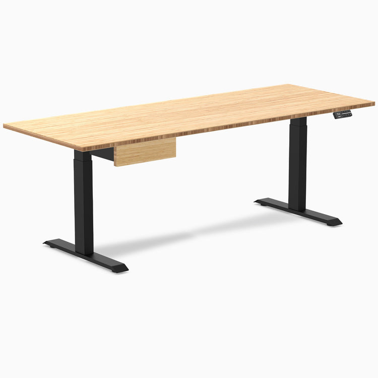 Desky Dual Bamboo Standing Desk With Drawer, Bamboo desktop, Matte Black frame