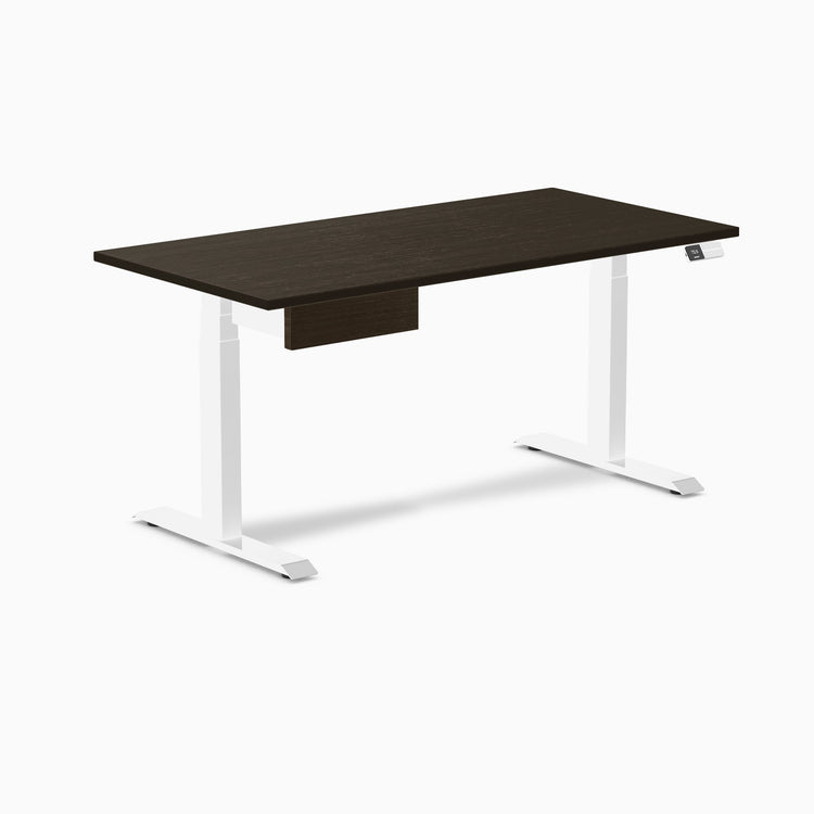 Desky Dual Bamboo Standing Desk With Drawer, Dark Bamboo desktop, White frame