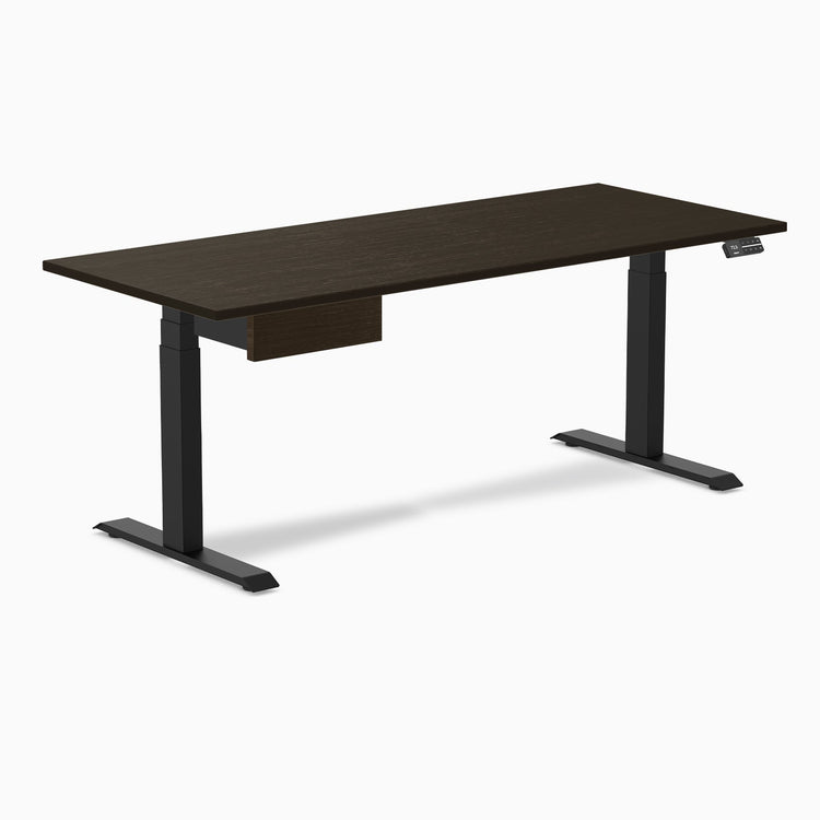 Desky Dual Bamboo Standing Desk With Drawer, Dark Bamboo desktop, Matte Black frame