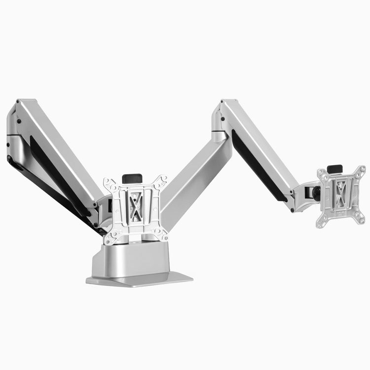 Ergonomic dual monitor arm from Desky in silver