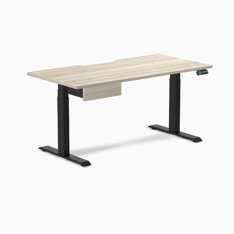 Desky Dual Scalloped Melamine Standing Desk With Drawer, Classic Oak desktop, Matte Black frame