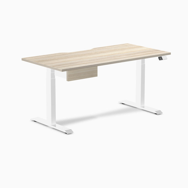 Desky Dual Scalloped Melamine Standing Desk With Drawer, Classic Oak desktop, White frame