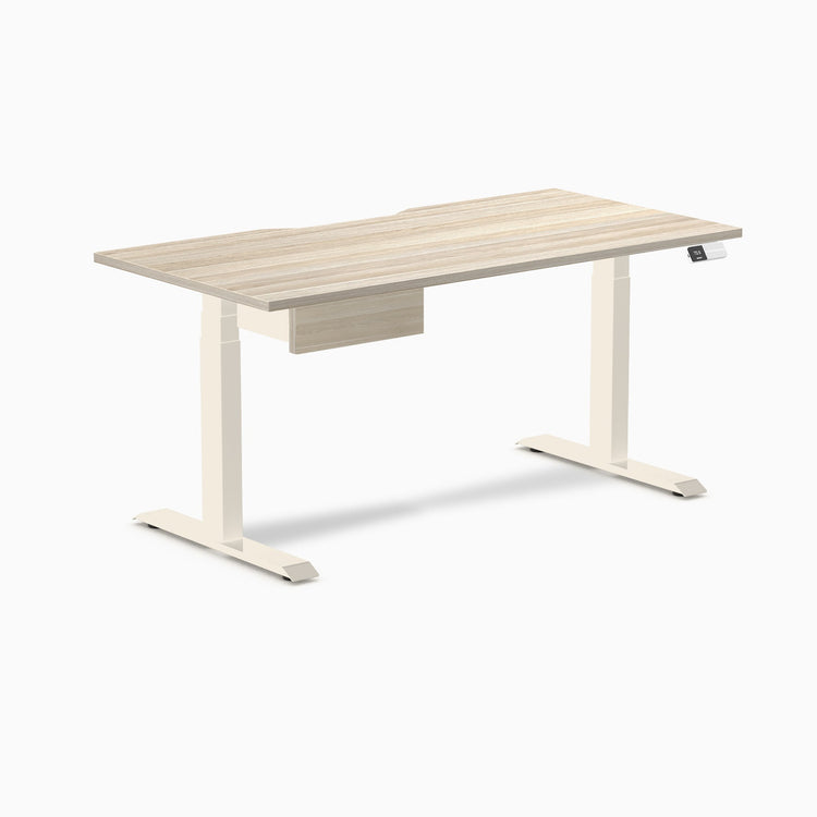Desky Dual Scalloped Melamine Standing Desk With Drawer, Classic Oak desktop, Wheat frame