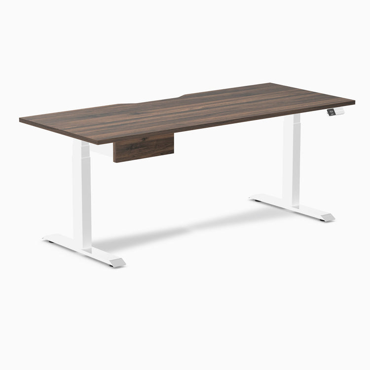 Desky Dual Scalloped Melamine Standing Desk With Drawer, Jarrah Legno desktop, White frame