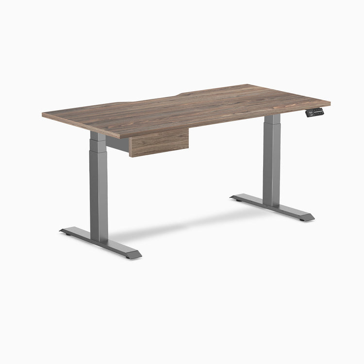 Desky Dual Scalloped Melamine Standing Desk With Drawer, Natural Walnut desktop, Space Grey frame