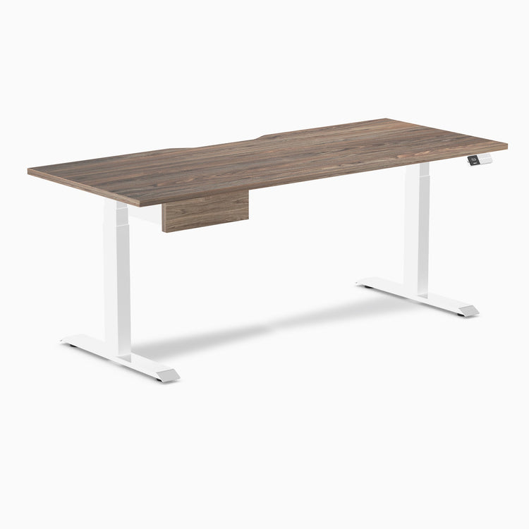 Desky Dual Scalloped Melamine Standing Desk With Drawer, Natural Walnut desktop, White frame