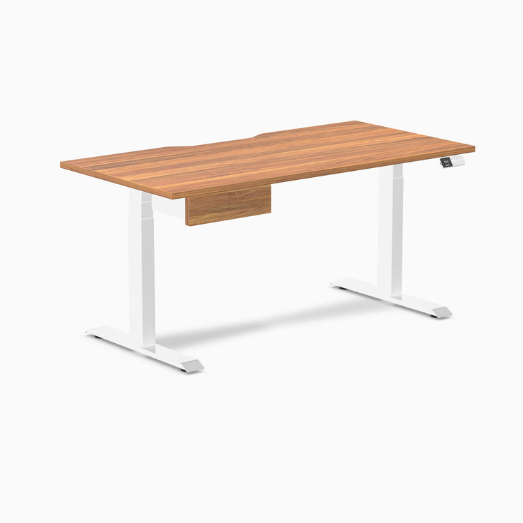 Desky Dual Scalloped Melamine Standing Desk With Drawer, Prime Oak desktop, White frame