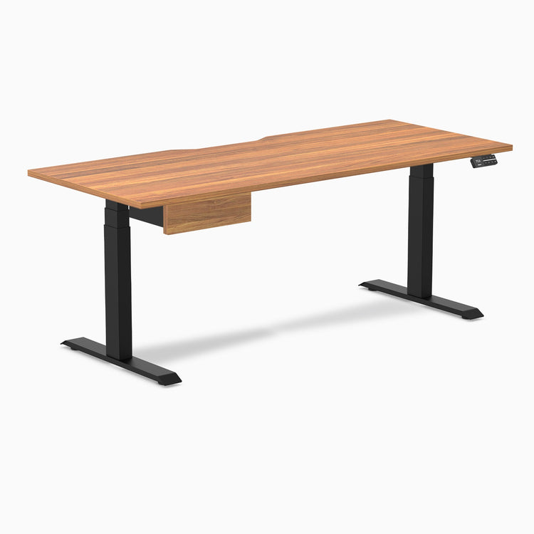 Desky Dual Scalloped Melamine Standing Desk With Drawer, Prime Oak desktop, Matte Black frame