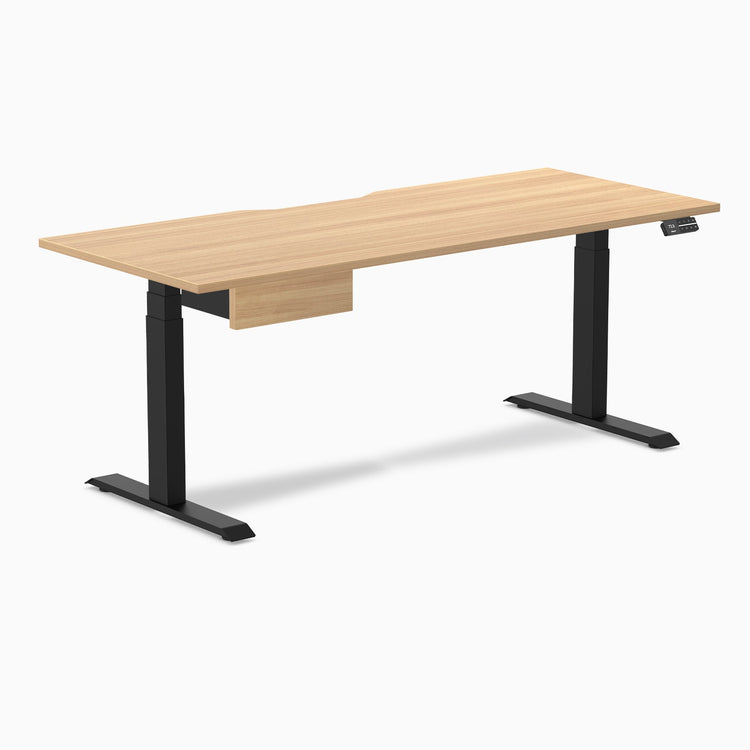 Desky Dual Scalloped Melamine Standing Desk With Drawer, Sublime Teak desktop, Matte Black frame
