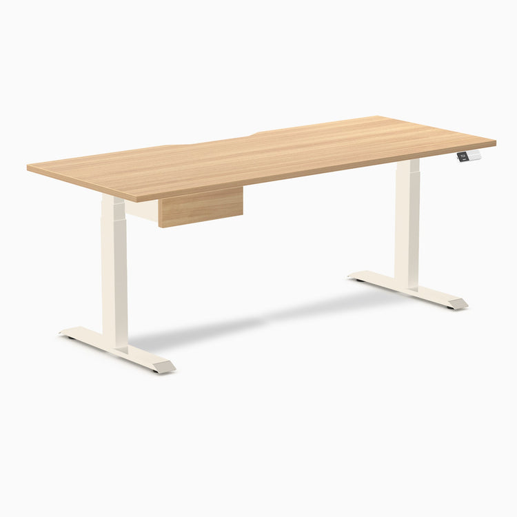 Desky Dual Scalloped Melamine Standing Desk With Drawer, Sublime Teak desktop, Wheat frame