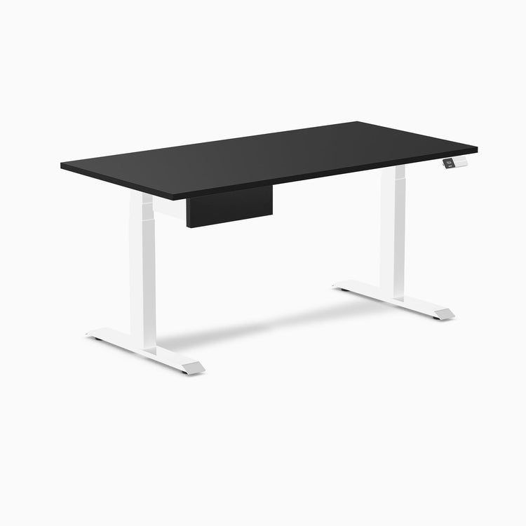 Desky Dual Melamine Standing Desk With Drawer, Black desktop, White frame
