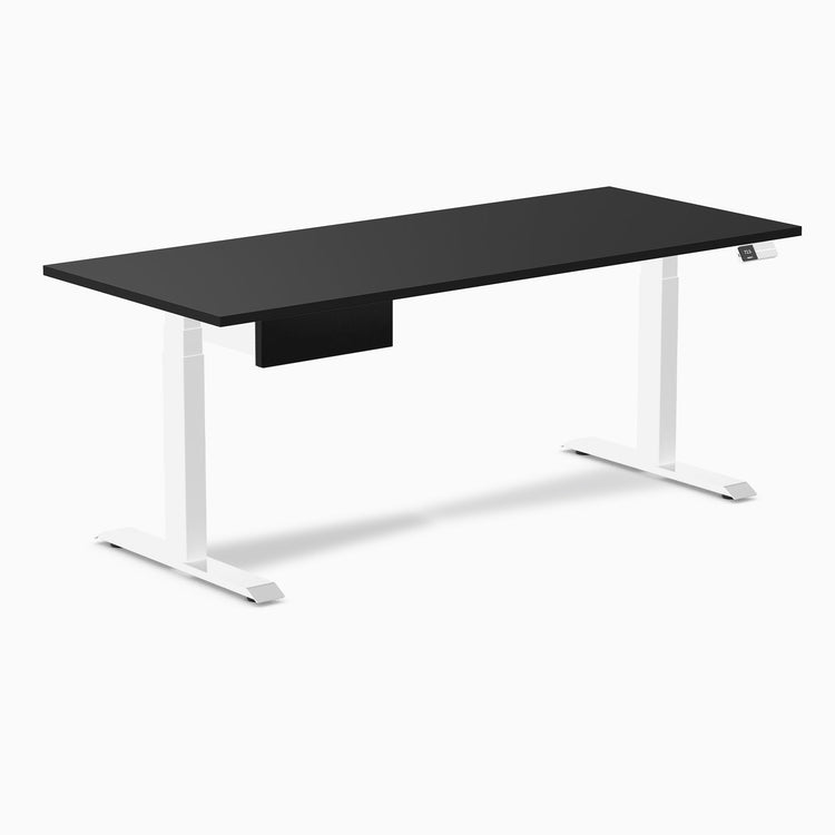 Desky Dual Melamine Standing Desk With Drawer, Black desktop, White frame