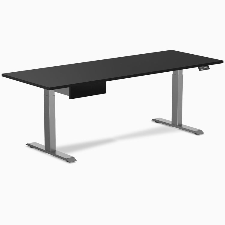 Desky Dual Melamine Standing Desk With Drawer, Black desktop, Space Grey frame