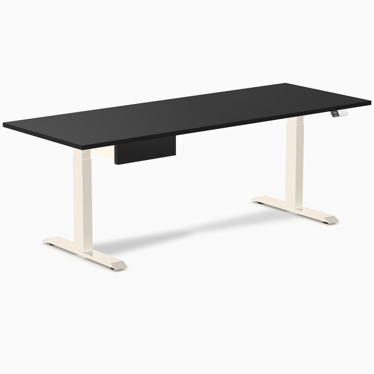 Desky Dual Melamine Standing Desk With Drawer, Black desktop, Wheat frame