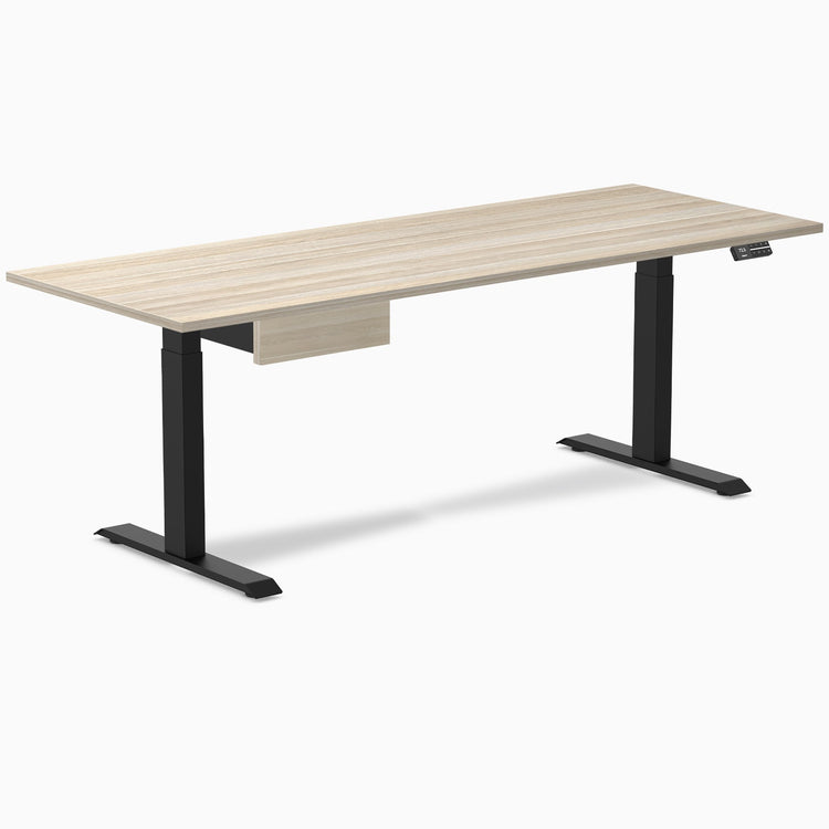 Desky Dual Melamine Standing Desk With Drawer, Classic Oak desktop, Matte Black frame