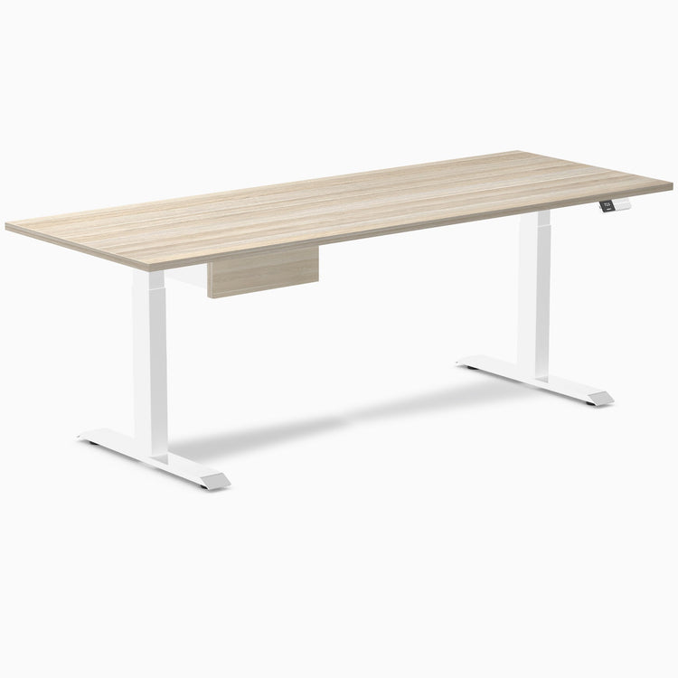 Desky Dual Melamine Standing Desk With Drawer, Classic Oak desktop, White frame