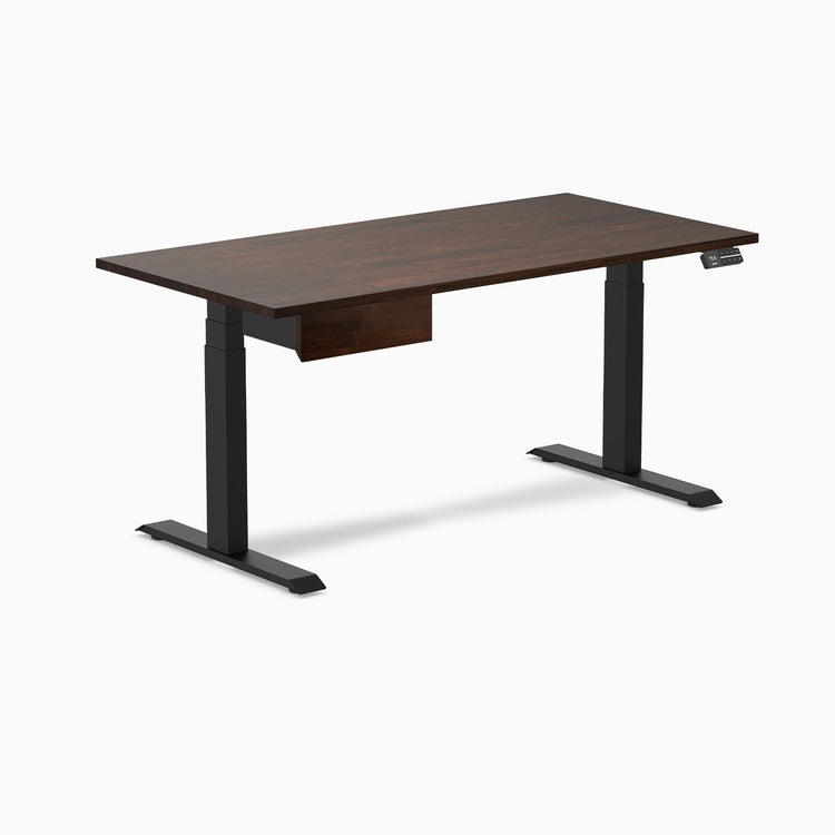 Desky Dual Rubberwood Standing Desk With Drawer, Dark Walnut desktop, Matte Black frame