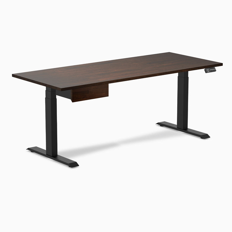 Desky Dual Rubberwood Standing Desk With Drawer, Dark Walnut desktop, Matte Black frame