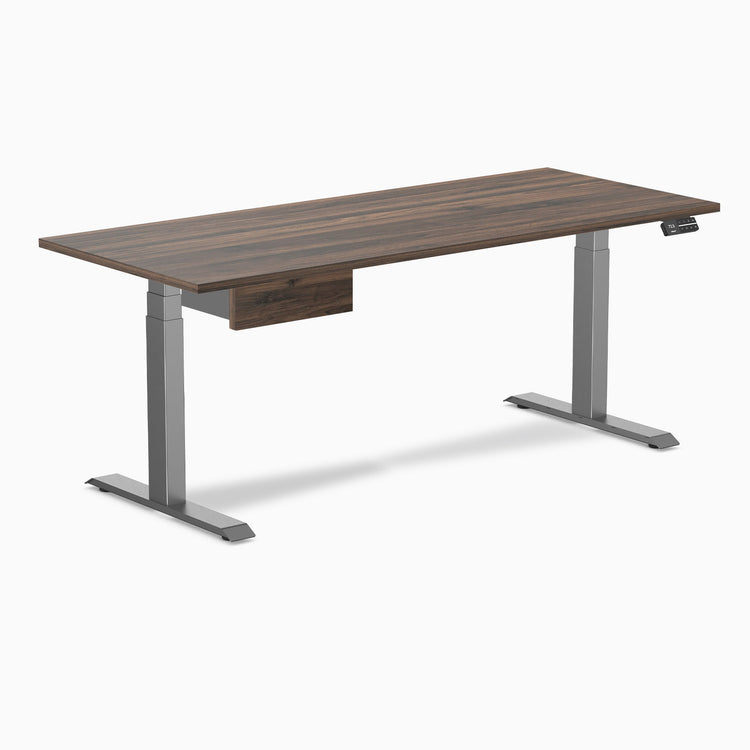 Desky Dual Melamine Standing Desk With Drawer, Jarrah Legno desktop, Space Grey frame