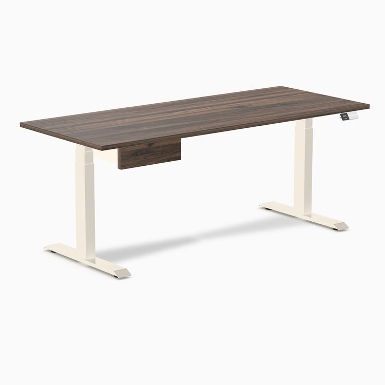 Desky Dual Melamine Standing Desk With Drawer, Jarrah Legno desktop, Wheat frame